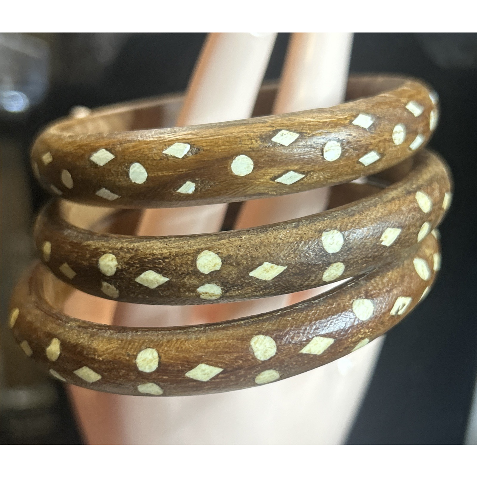 Set Of 3 Vintage Boho Wood Inlay Bangle Bracelets Tribal Style, Size 7.87"